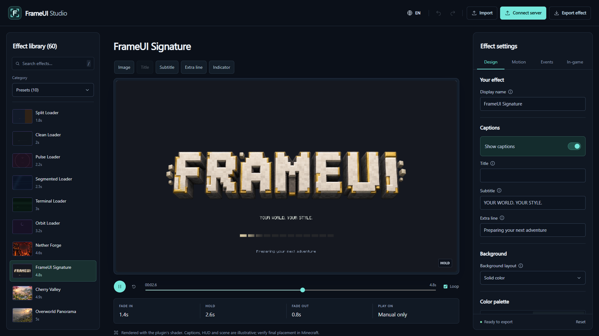 FrameUI Studio desktop editor with the effect library, live preview, timeline and design inspector