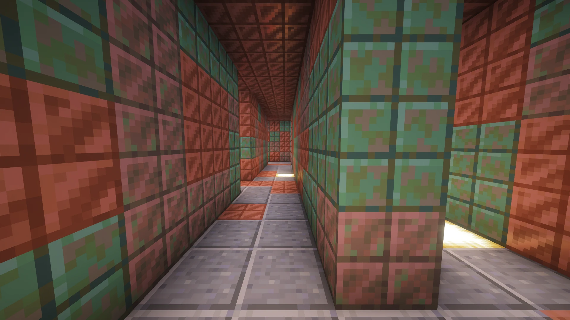 Inside the Copper maze, at corridor level, with the ceiling restored and night vision used to show the block textures