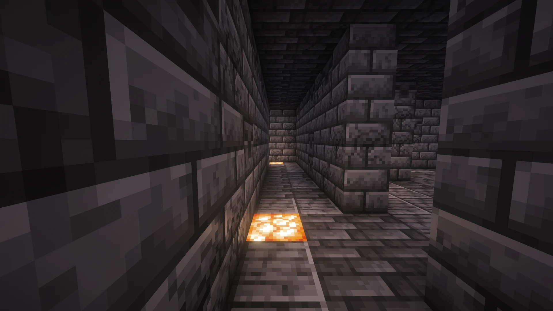 Inside the Dungeon maze, at corridor level, with the ceiling restored and night vision used to show the block textures