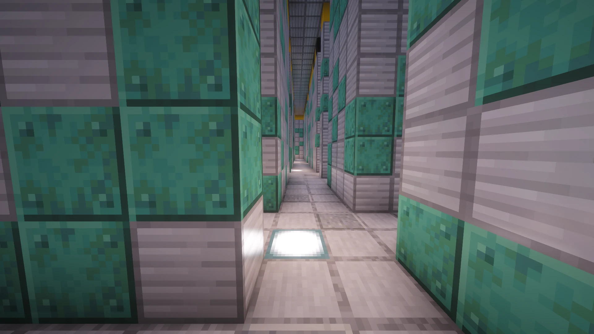 Inside the Factory maze, at corridor level, with the ceiling restored and night vision used to show the block textures