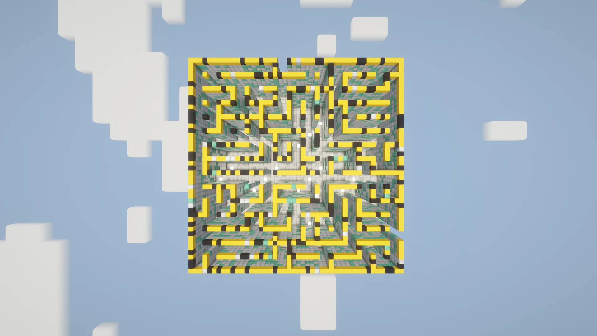 The complete Factory maze viewed directly from above, with its ceiling temporarily removed to reveal the paths