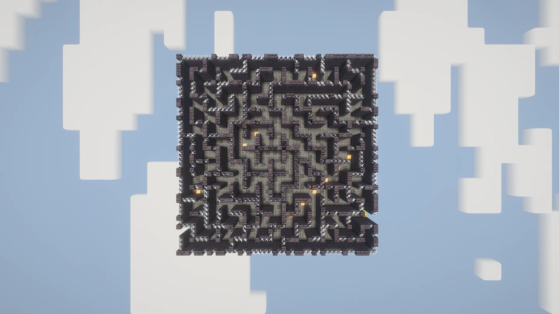 The complete Haunted maze viewed directly from above, with its ceiling temporarily removed to reveal the paths