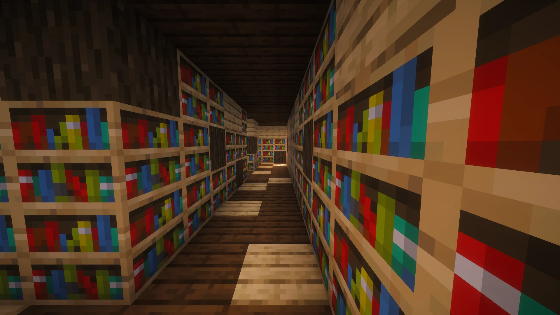 Inside the Library maze, at corridor level, with the ceiling restored and night vision used to show the block textures