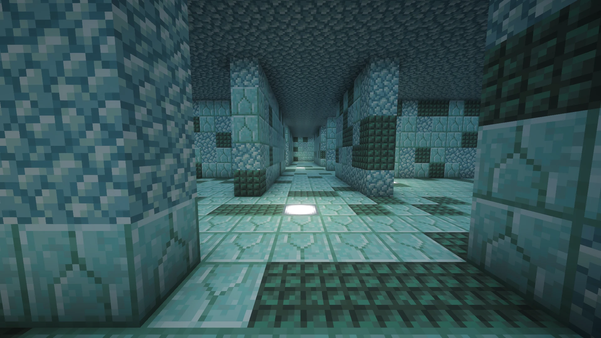 Inside the Ocean maze, at corridor level, with the ceiling restored and night vision used to show the block textures