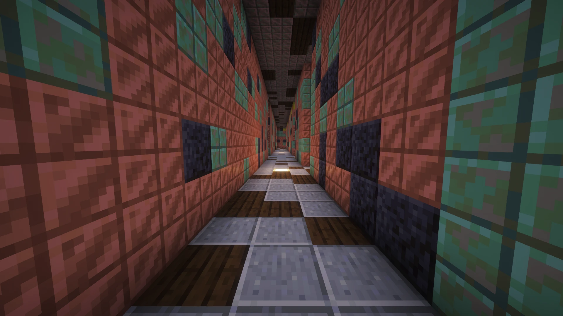 Inside the Steampunk maze, at corridor level, with the ceiling restored and night vision used to show the block textures