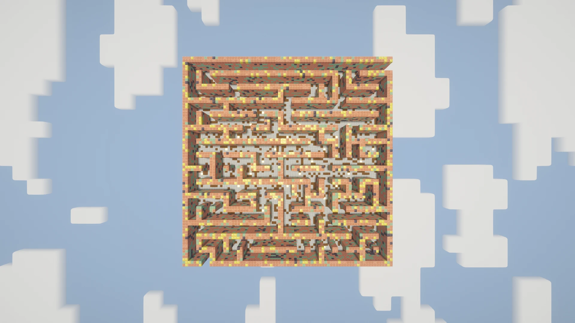 The complete Steampunk maze viewed directly from above, with its ceiling temporarily removed to reveal the paths