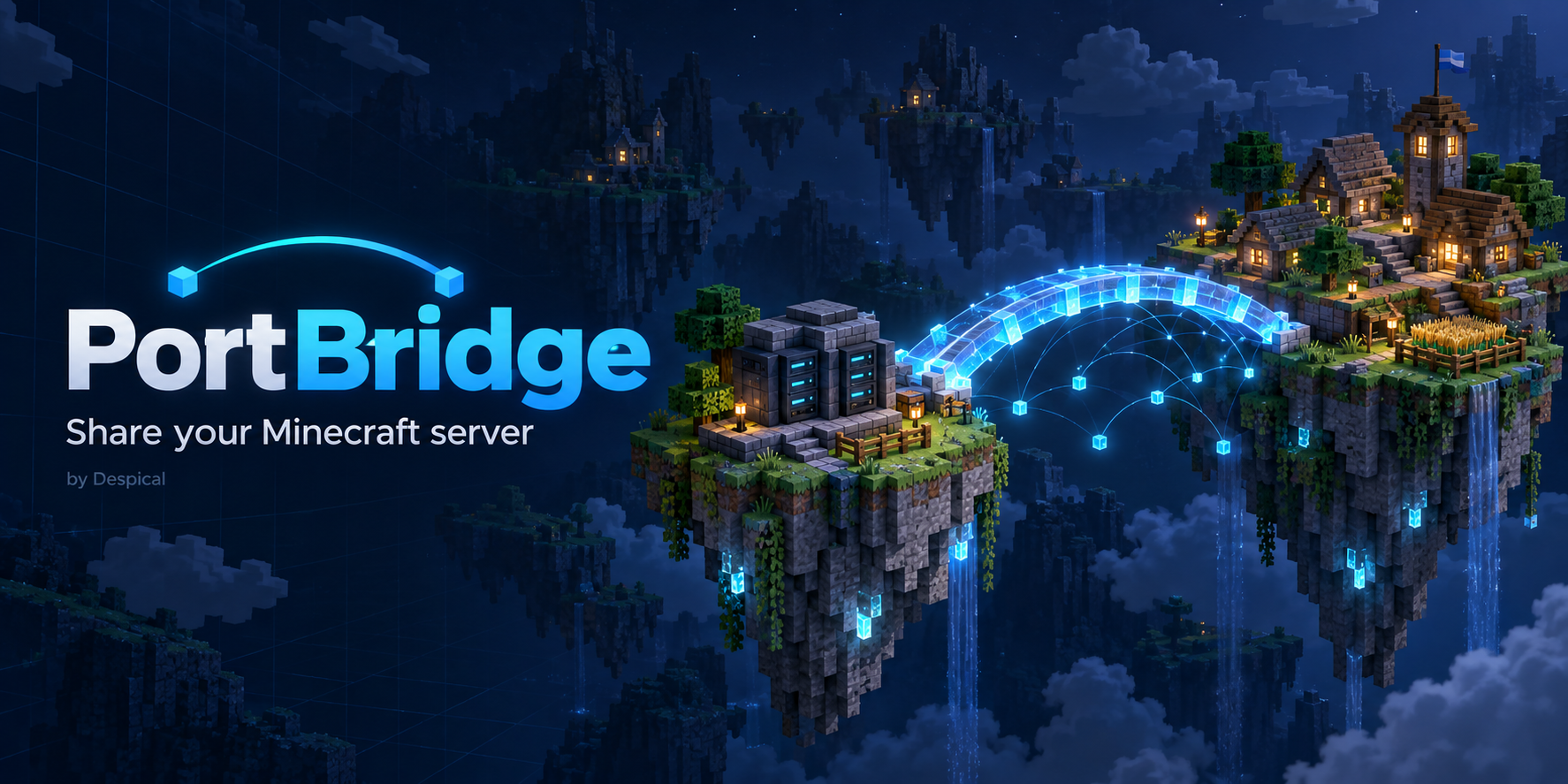 PortBridge cover: a cyan network bridge connects a local server island to a Minecraft village